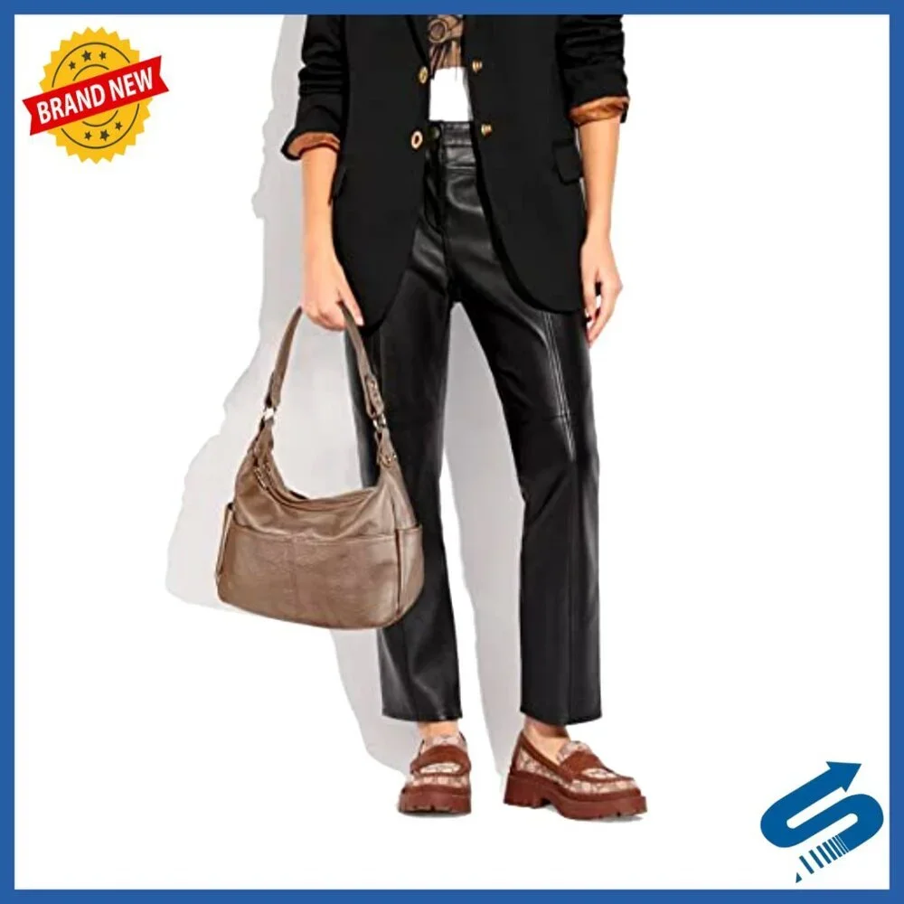 Genuine Leather Hobo Bag with Crossbody Strap, Double Zipper Pockets